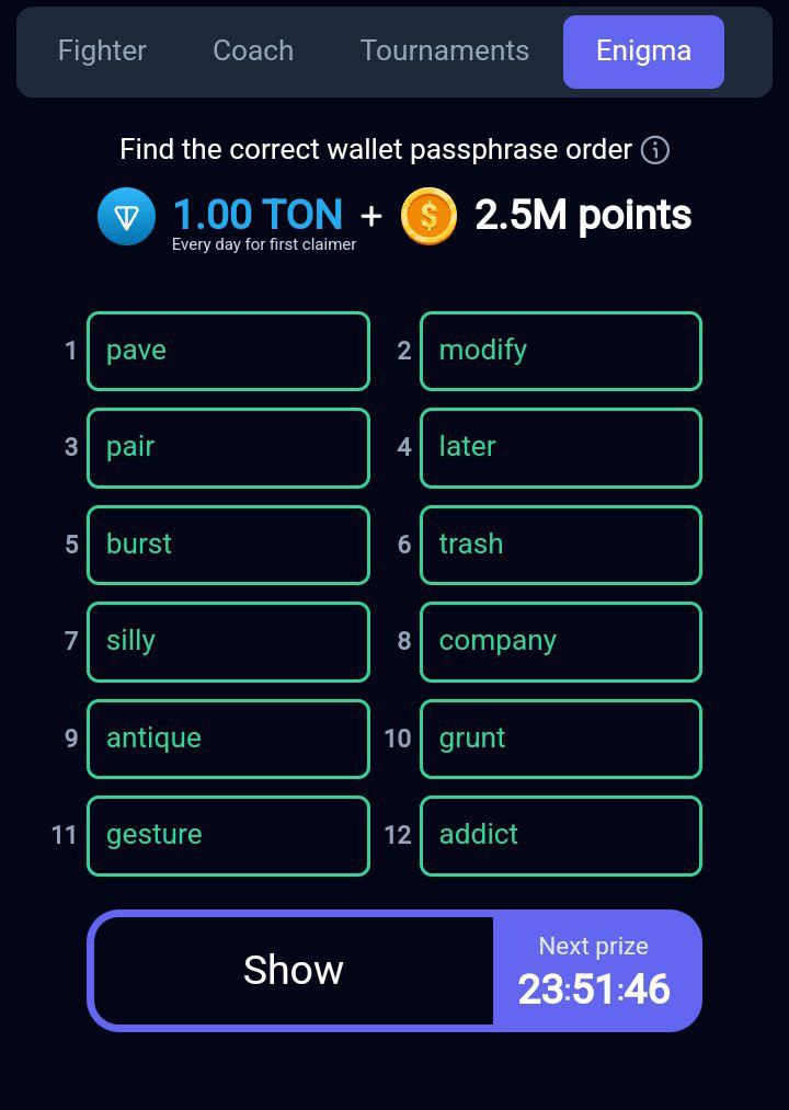 کد انیگما راکی رابیت امروز ۱ شهریور مرداد