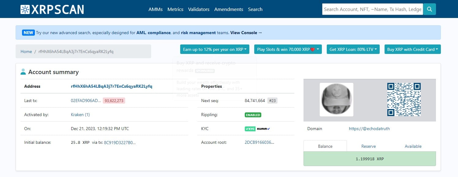 کلاهبرداری: اسکرین‌شات از صفحه خلاصه حساب XRPScan برای آدرس XRP "rfHhX6hA54LBqA3j7r7EnCs6qyaRK2Lyfq". این صفحه جزئیاتی را شامل آخرین تراکنش، تاریخ فعال‌سازی توسط Kraken، موجودی اولیه و خصوصیات فعلی حساب نمایش می‌دهد. این صفحه تأیید KYC از طریق Xumm را نشان می‌دهد و تأکید می‌کند که Rippling فعال است. موجودی قابل‌دسترس 1.199918 XRP است.